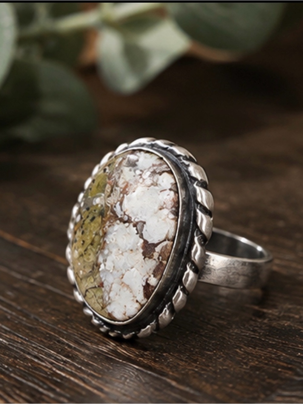 925 stealing Silver-Tone White and Brown Stone Statement Ring